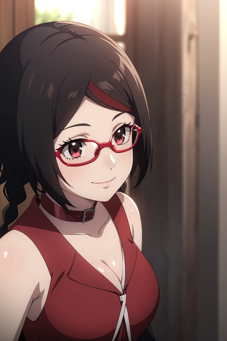 1girl, masterpice, high quality, (front view), best quality, good anime picture, misaki, ((wearing red dress , black shorts)), ((serafuku)),(cleavage) glasses, twin braids, ((collar)), hair ornament, full upper body, big breasts, dynamic light and shadows, smile, (eyewear:1.2), multicolor outfit, black hair, red suit