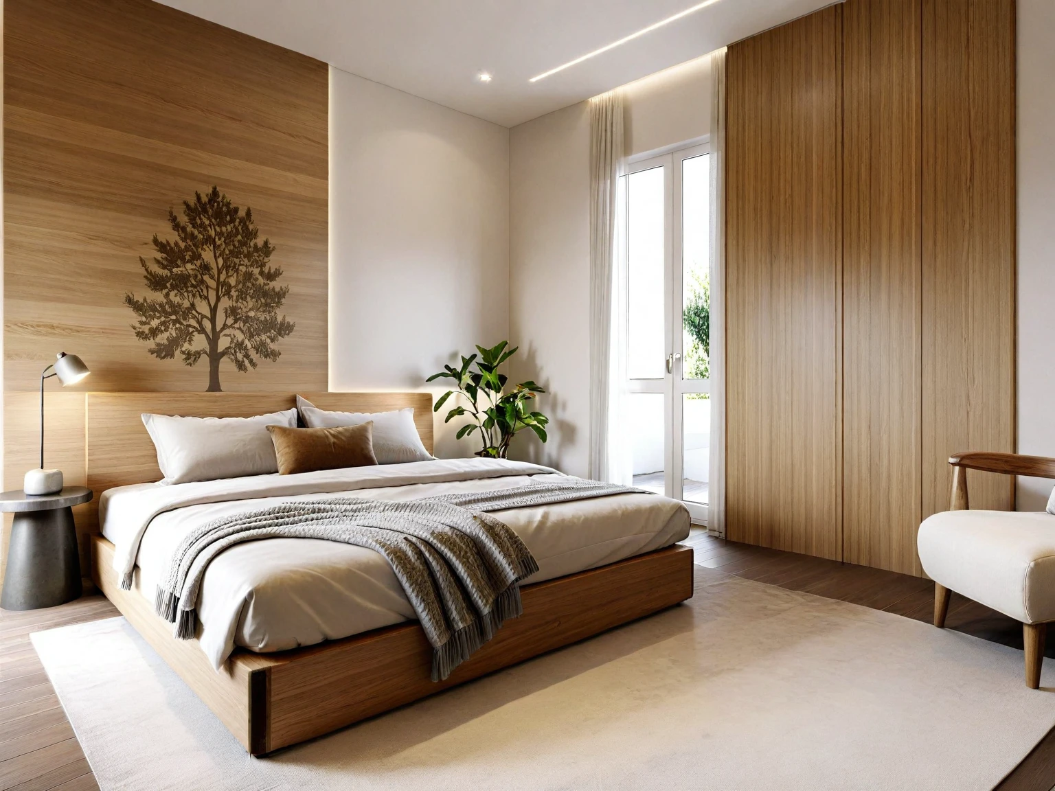 WASABI STYLE, (bedROOM : 1.5), RAW photo,Masterpiece, high quality, best quality, authentic, super detail, interior,white wall, Neutral color for furniture,natural wooden texture, japandi style, Realistic reflexes,realistic light , vray, tree in room