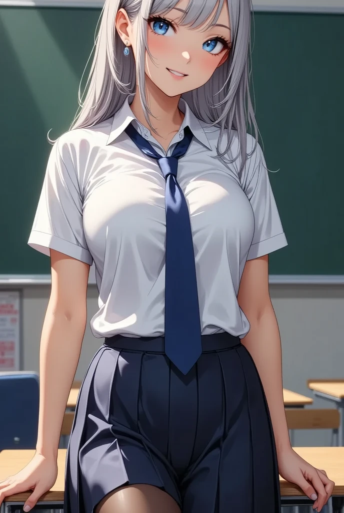 best quality,8k,highres,ultra-detailed,realistic,photorealistic:1.37, vibrant colors, soft lighting, HDR, bokeh.1woman, long hair with small horns, ponytail, parted lips, blush, makeup, provoking, navel, underboob, school uniform, classroom, school bag, light rays, glow, thighs, collarbone, narrow waist, (masterpiece), wallpaper,