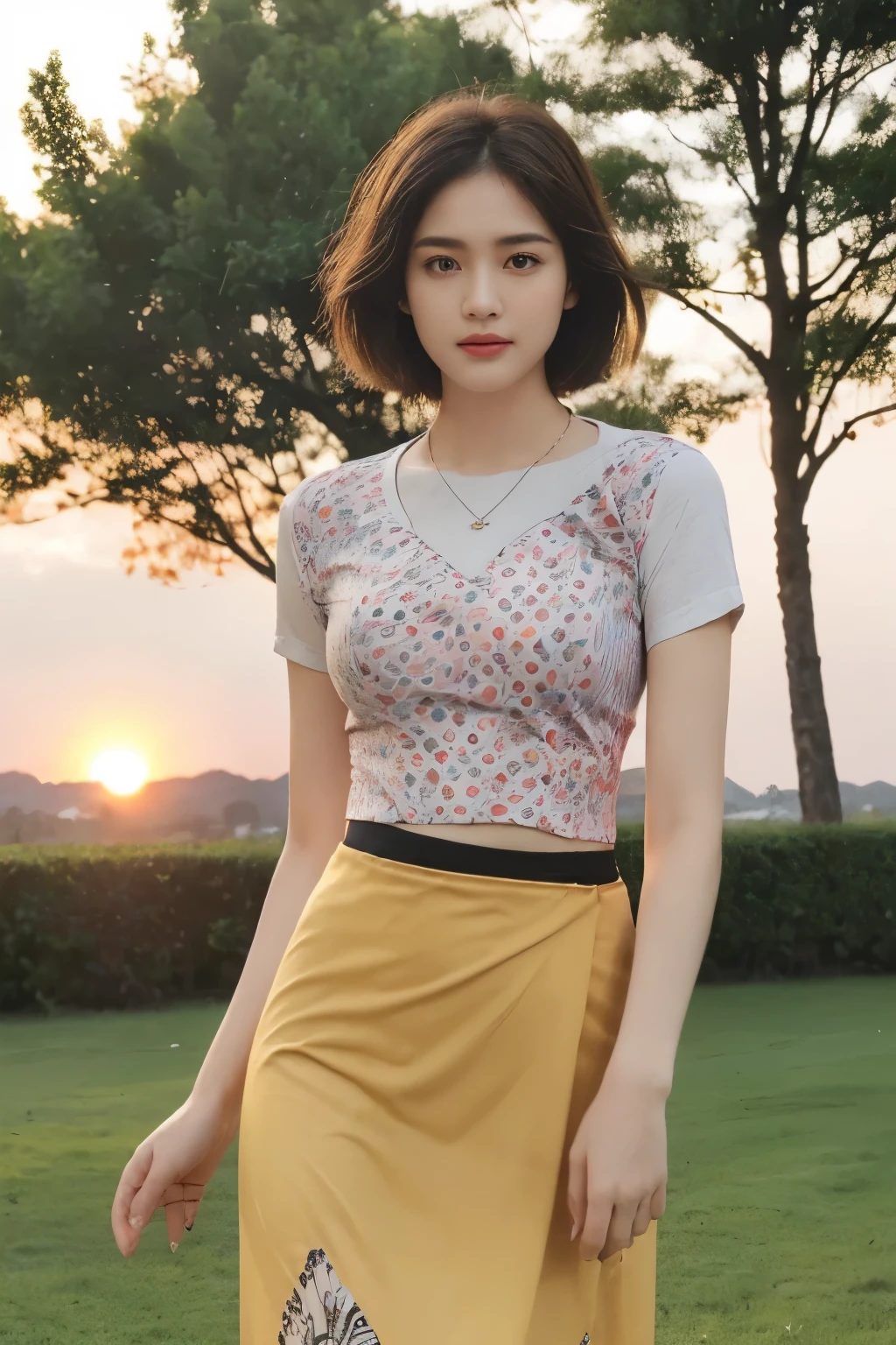 ((top-quality、8K、masterpiece: 1.erfect Body Beauty: 1.4、Slender Abs: 1.2、Beautiful woman with slender abs:1.3、(Highlight Haircutreast B Cup:1.2), medium breast, round shape breast, perfect shape breast, ((( wear acmm outfit,acmm top shirt, wearing acmm long skirt, acmm printed skirt ))), pubic hair,hight pubic bone, necklace, hyperdetailed face、18year old、 Pretty women、(Dark brown short-cut hair), Slim Face、Highly detailed facial and skin texture、very detailed lips、opens legs、top-quality、masterpiece、超A high resolution、(Photorealsitic:1.4), walked forward confidently, long shot , (outdoor), bright background, sunset light,