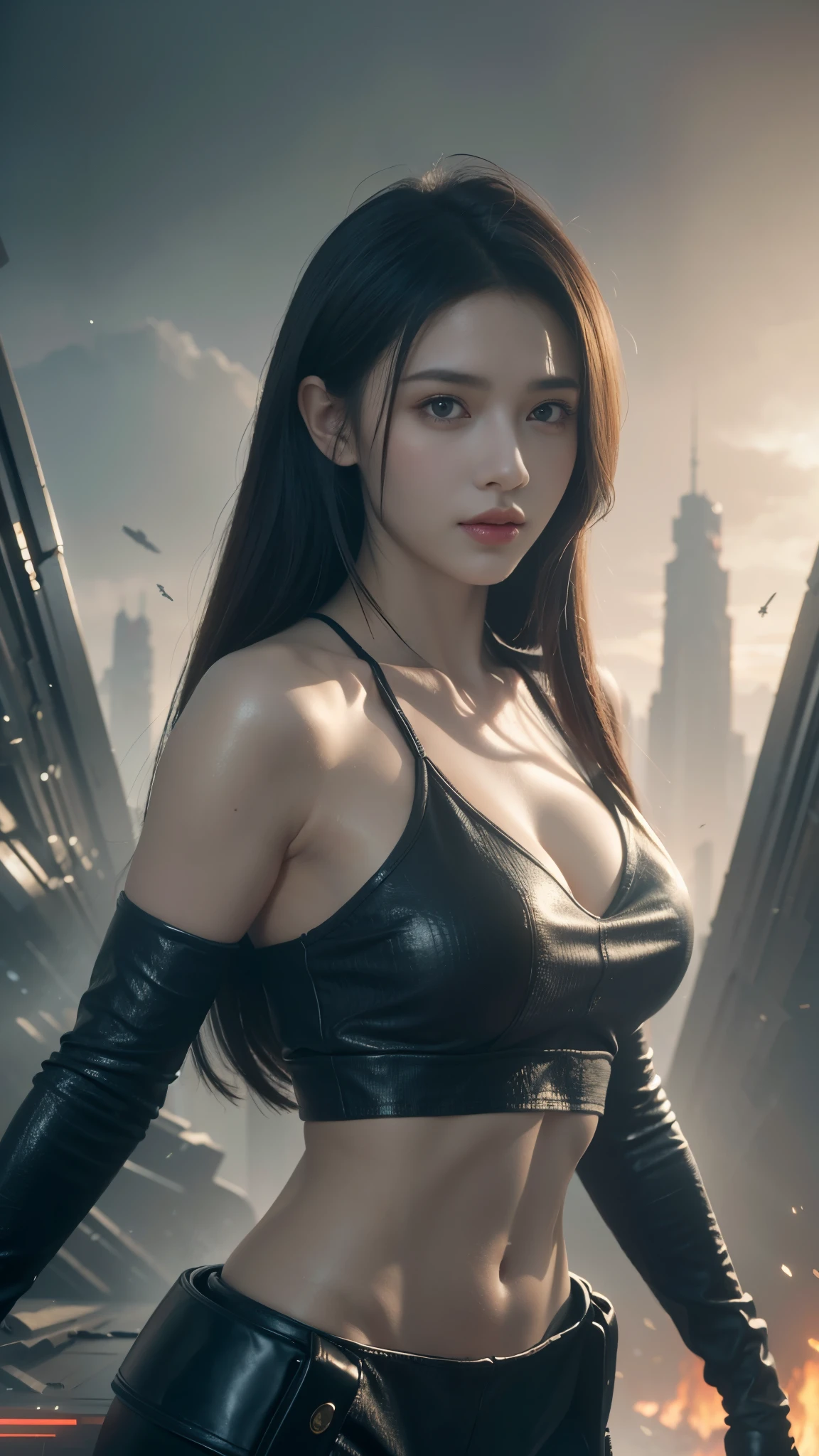 ((masterpiece, best quality, Highest image quality, high resolution, Reality, RAW photos, 8K)), Bustling future city night scene,Girl standing on the roof,Tight leather jacket,Off-shoulder,Large Breasts,Long hair,Pretty face,Closed mouth,dramatic,Upper Body,(midnight)