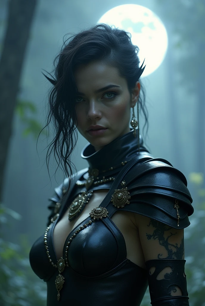 <lora:shadowheart:0.8> shadowheart, pointy ears, braid, ponytail, hair ornament, scar, bangs, bare shoulders, black shirt, shirt, sleeveless, cleavage, pants, (ultra realistic, 8k,high quality)