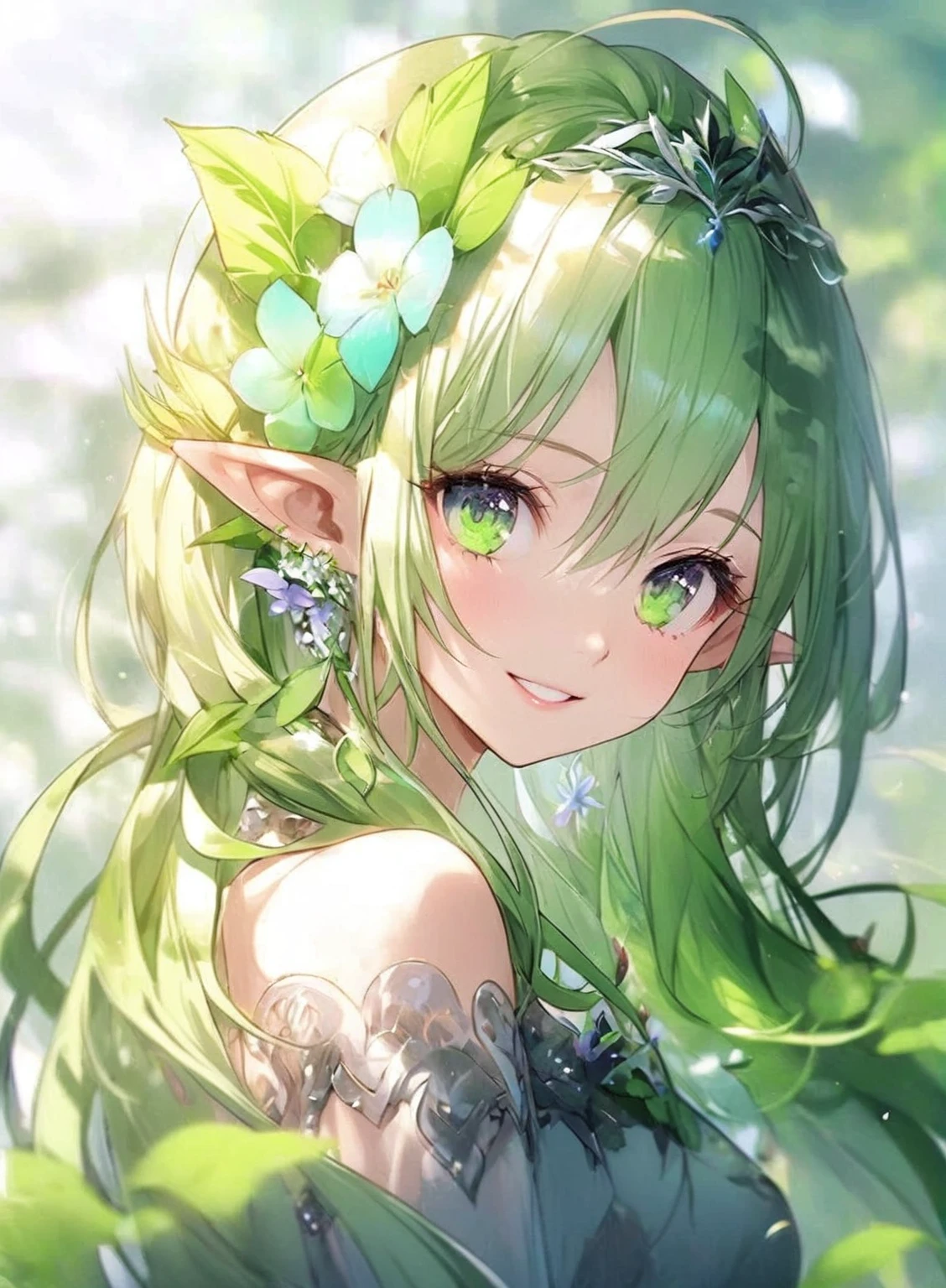  anime, a green-haired girl with flowers adorning her hair, Elf Girl, Elf Girl wearing an flower suit, Elf Princess, Fantasy anime ,  queen of the summer forest , Beautiful Anime girl, Beautiful Anime portrait,  smiles like a fairy queen ,  detail anime art ,  cute cartoon girl , Beautiful Anime art, Beautiful Anime, Beautiful Anime woman,  An elf tribe character with a smile , glowing purple eyes 