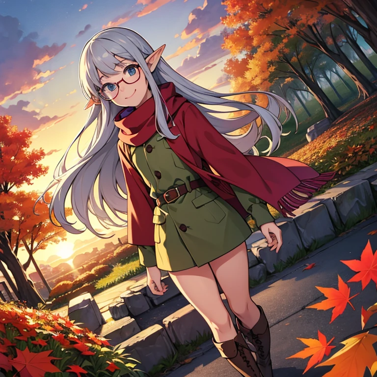 masterpiece，Best Quality， High image quality，( super flat ,   Flat Shading )，Elf、Glasses，Beautiful silver hair、 Fisheye Lens ， beautiful young mother and cute daughter，  warm scarf， (naked)，Long Hair， boots, smile, smile，White Breath，fun, play，Autumn park garden， fall leaves for vaginal discharge，Autumn sky，At dusk，Beautiful sunset，Wide angle， bright colors，watercolor, Ghibli style，Strong winds， Girl Temptation，