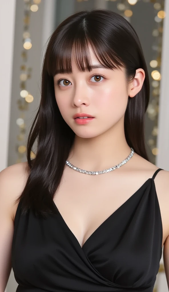 Kanna Hashimoto,One Woman、beautiful、Perfect looks、Pale turquoise eyes:1.3,large breasts、Perfect balance、Black Silk Dress,simple diamond necklace、(((Blurred Background)))、Luxury palace,Sparkling Room、(Please redeem: 1.1), (Realistic: 1.1), (photograph: 1.1), (Very detailed: 1.1),NSFW, beautiful nipples