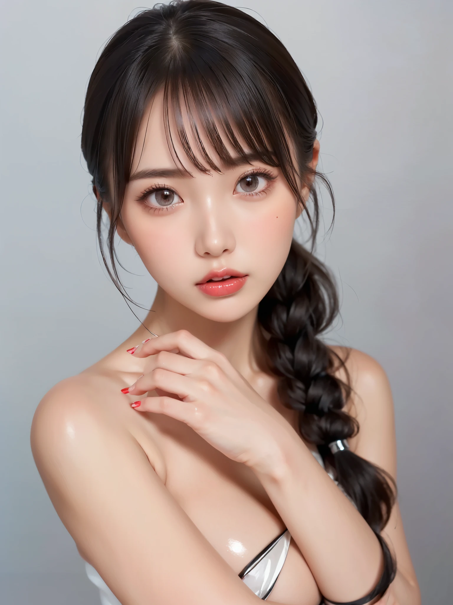 highest quality, realistic, 8K, High resolution, 1 girl, woman, (skin dents), (portrait:0.6), nice, ((white background, naked, small breasts:1.65)), (Long brown hair in twin tails, parted bangs:1.4), looking at the viewer, (1 girl eyes looking at the viewer:1.6), realistic, (Bokeh), (closed mouth, smile:1.3), nice, Pueros face_V1:1,