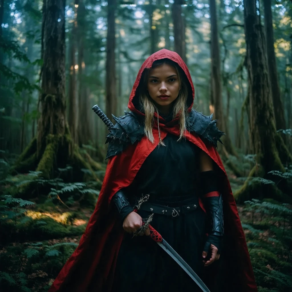 Create a photorealistic image of Veronica Marlowe, aka Little Red Riding Hood, as a fierce ninja warrior dressed in a dark, intricately designed outfit with red accents. She stands confidently in an ancient forest at dawn, gripping a katana with a determined expression. The moonlight filters through the trees, casting dramatic shadows, as a swirl of magical energy gathers around her. The scene captures the anticipation of battle, with the forest whispering secrets of ancient legends