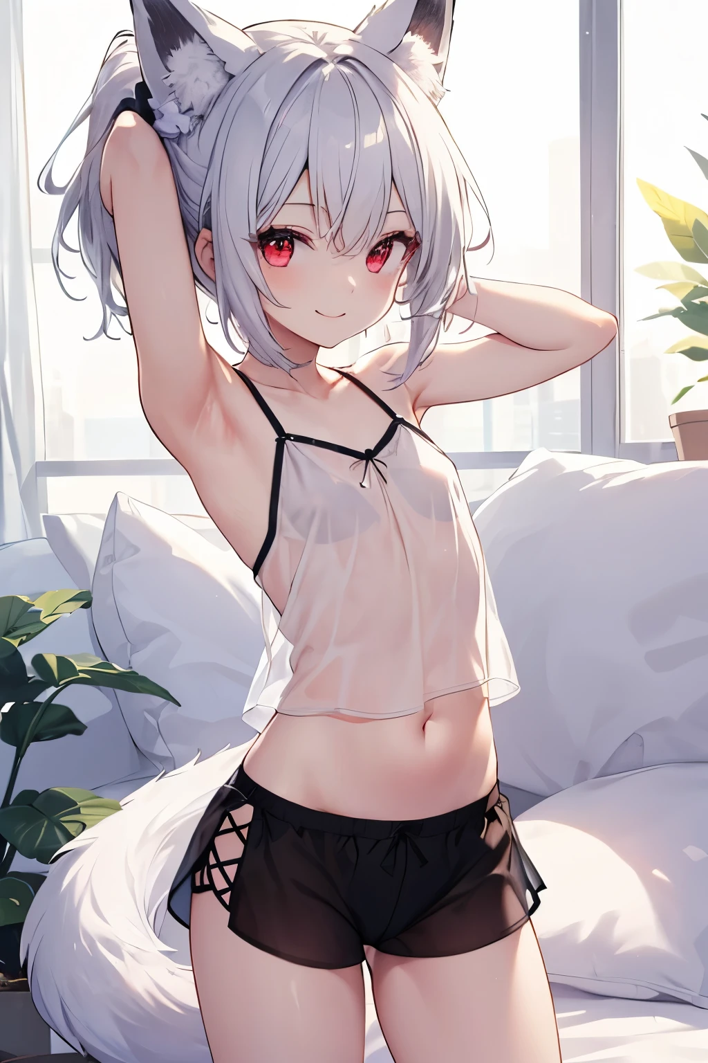 Silver Hair、Red Eye、Fox ears、Fox girl、girl、Small breasts、ponytail、girl、Small breasts、A cheerful smile、Looks about 15 years old、Petan Musume、He is short、Sexy Lingerie