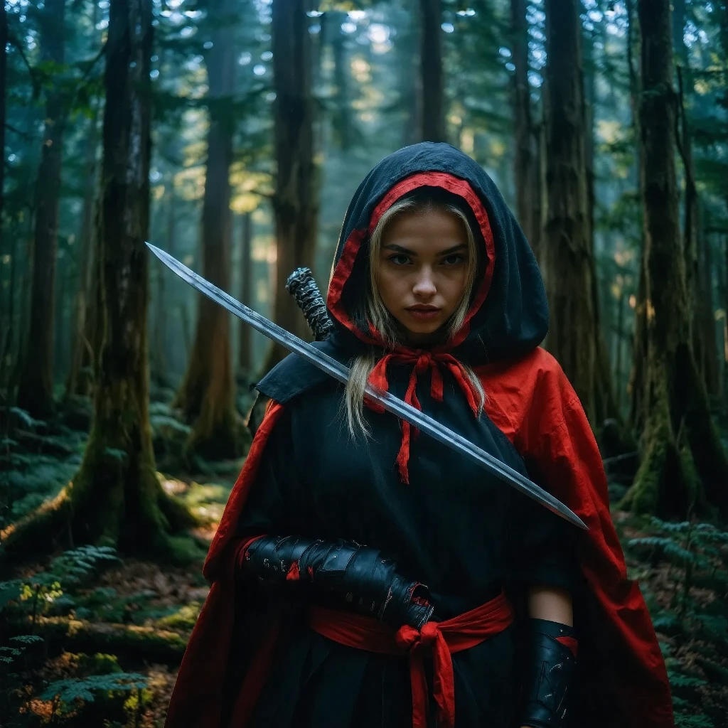 Create a photorealistic image of Veronica Marlowe, aka Little Red Riding Hood, as a fierce ninja warrior dressed in a dark, intricately designed outfit with red accents. She stands confidently in an ancient forest at dawn, gripping a katana with a determined expression. The moonlight filters through the trees, casting dramatic shadows, as a swirl of magical energy gathers around her. The scene captures the anticipation of battle, with the forest whispering secrets of ancient legends