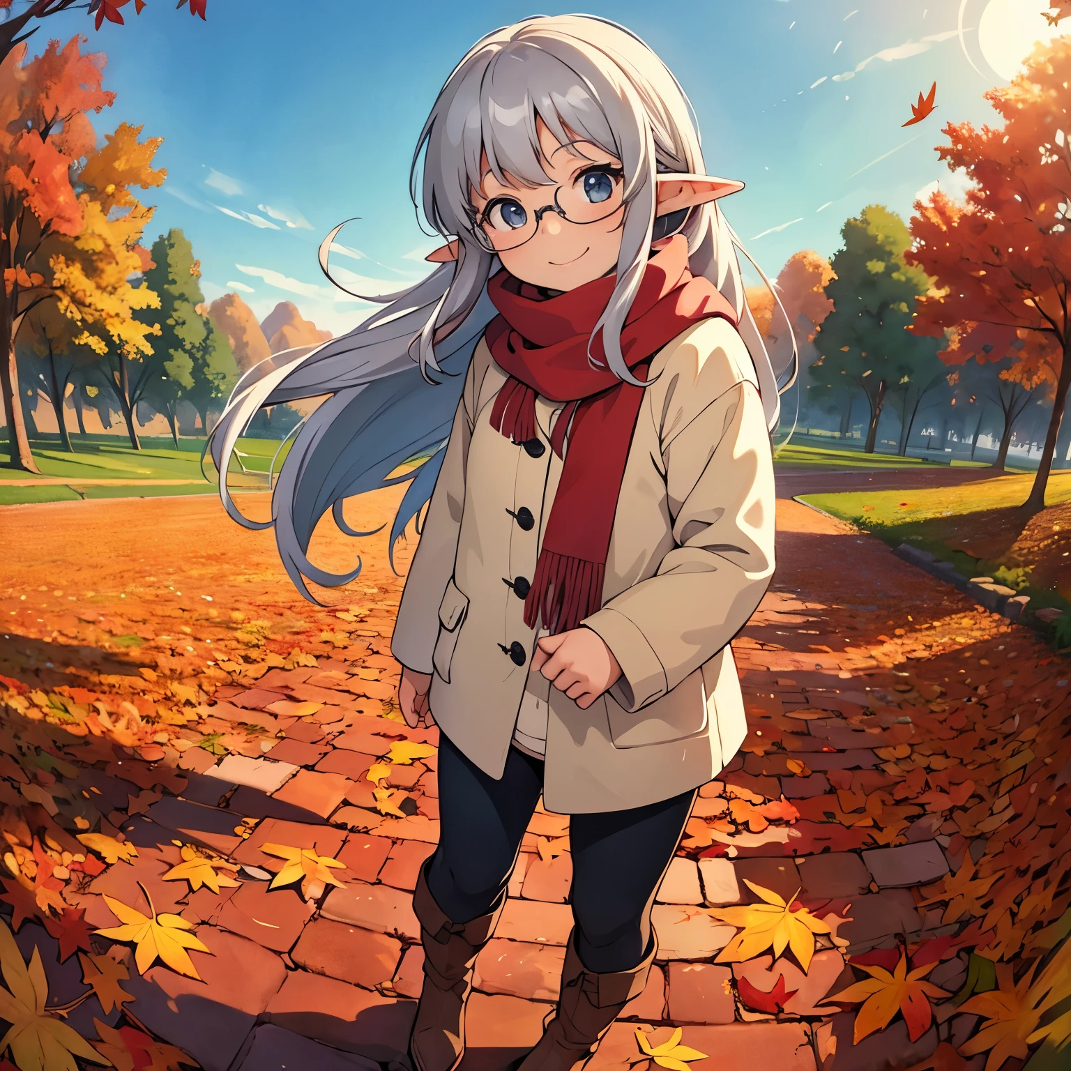 masterpiece，Best Quality， High image quality，( super flat ,   Flat Shading )，Elf、Glasses，Beautiful silver hair、 Fisheye Lens ， beautiful young mother and cute daughter，  warm scarf， (naked)，Long Hair， boots, smile, smile，White Breath，fun, play，Autumn park garden， fall leaves for vaginal discharge，Autumn sky，At dusk，Beautiful sunset，Wide angle， bright colors，watercolor, Ghibli style，Strong winds， Girl Temptation，