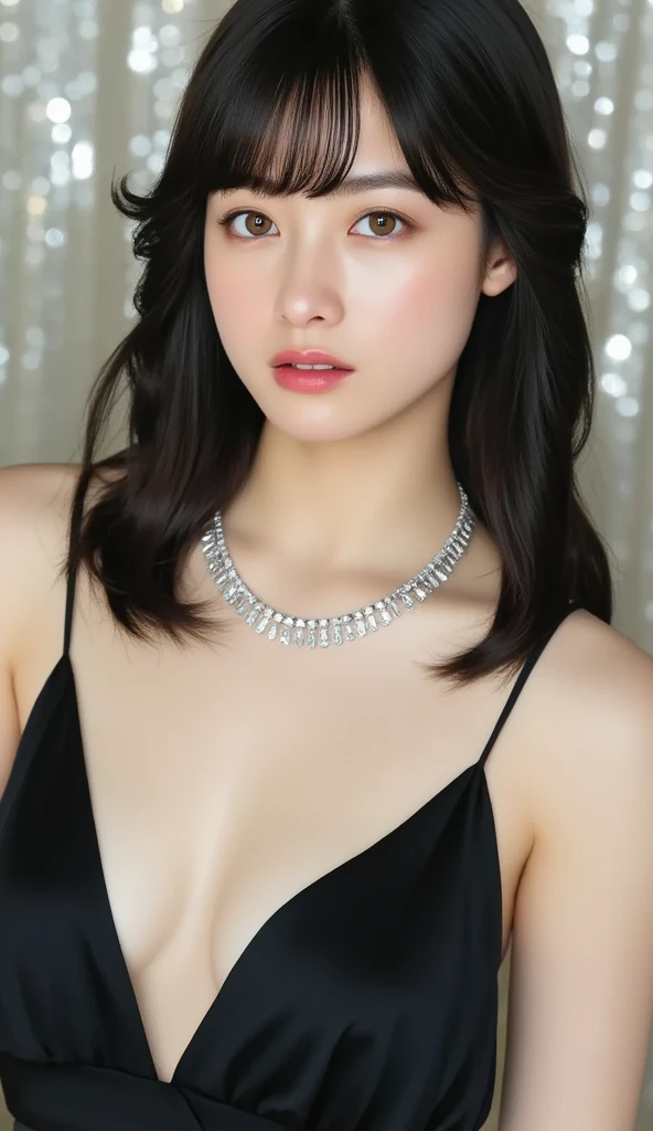 Kanna Hashimoto,One Woman、beautiful、Perfect looks、Pale turquoise eyes:1.3,large breasts、Perfect balance、Black Silk Dress,simple diamond necklace、(((Blurred Background)))、Luxury palace,Sparkling Room、(Please redeem: 1.1), (Realistic: 1.1), (photograph: 1.1), (Very detailed: 1.1),NSFW, beautiful nipples,Completely naked