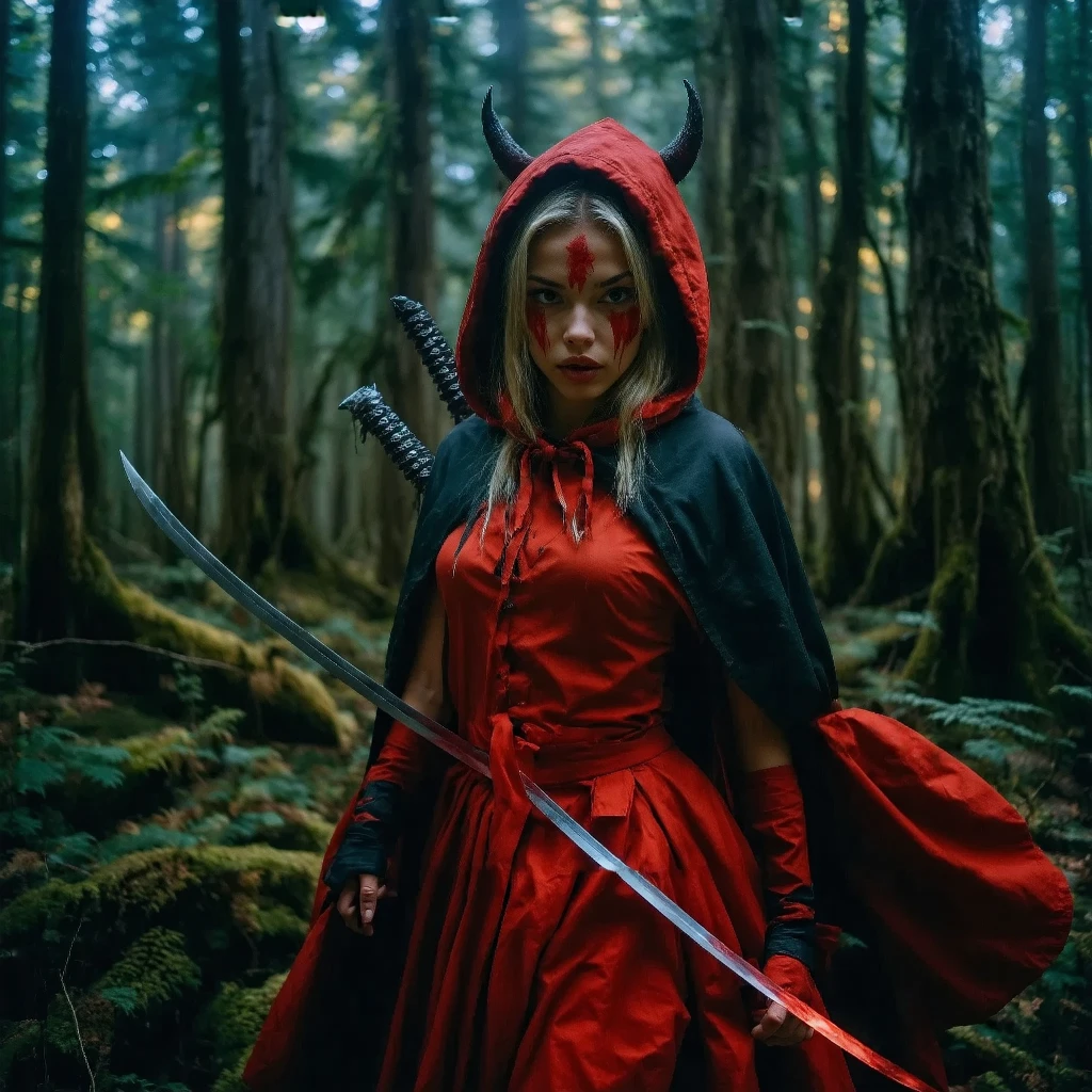 Depict Little Red Riding Hood, represented as Veronica Marlowe, in a dramatic pose as a deadly sexy ninja warrior surrounded by a dark mystical forest. She has striking features and carries two sharp katanas, poised for action. The atmosphere is charged with the scent of pine and impending conflict, as her crimson cloak billows behind her. Add elements of battle, such as glowing runes and the shadows of defeated foes, to enhance the theme of her powerful legacy