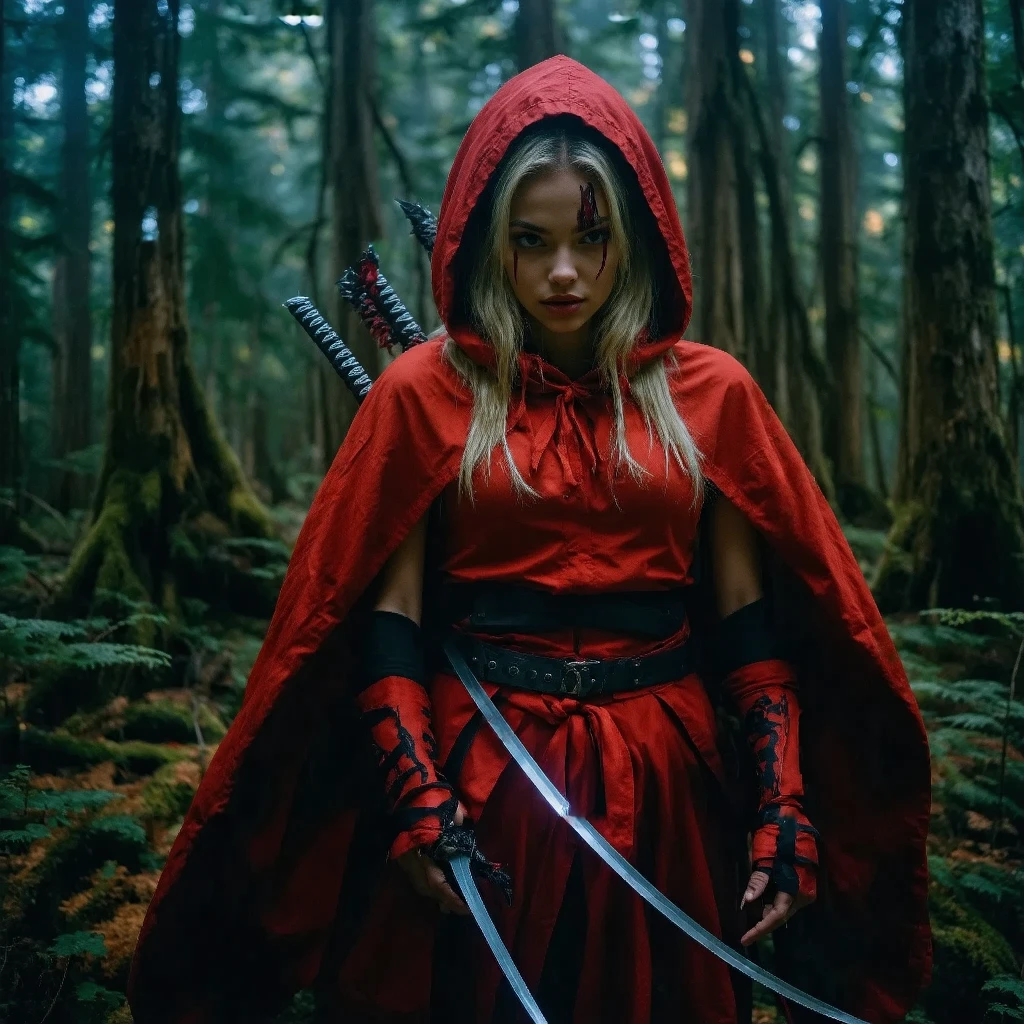 Depict Little Red Riding Hood, represented as Veronica Marlowe, in a dramatic pose as a deadly sexy ninja warrior surrounded by a dark mystical forest. She has striking features and carries two sharp katanas, poised for action. The atmosphere is charged with the scent of pine and impending conflict, as her crimson cloak billows behind her. Add elements of battle, such as glowing runes and the shadows of defeated foes, to enhance the theme of her powerful legacy