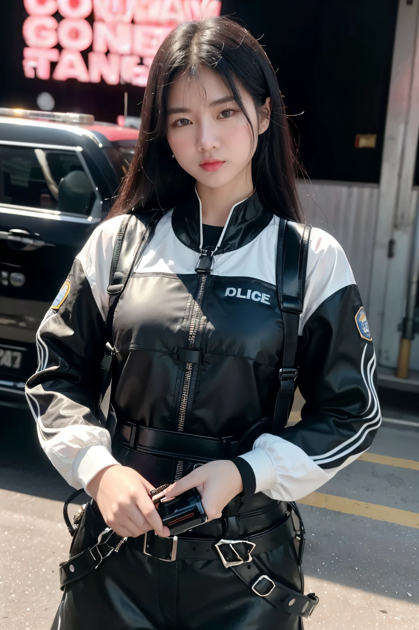 absurdres, RAW photo, extremely delicate and beautiful, masterpiece, Best Quality, ultra high resolution, 32k, hyperrealistic, ultra-detailed, perfect anatomy, perfect figure, super Detailed skin, 20 years old, very Slim body, narrow waist, very small head, very small face, delicate facial features, tearful mole, earring, thin legs, bare legs, ((very huge round breasts)), short medium hair, braid hair, ((wavy hair)), wet clothes, police uniform, hoodie, ((jacket)), skirt, (((collared dress shirt))),