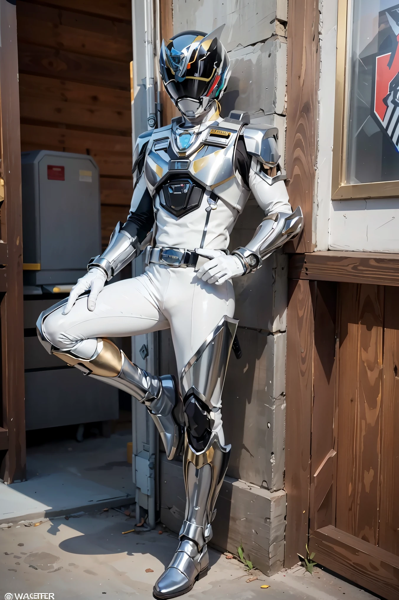 1boy, full body, Illustration, cinematic light, high resolution, best quality, ultra-detailed, masterpiece, power suit, powerranger, suit, spd, (Silver and Gold chest plate), white and gold detail, (((white suit))), ((police theme:1.2))