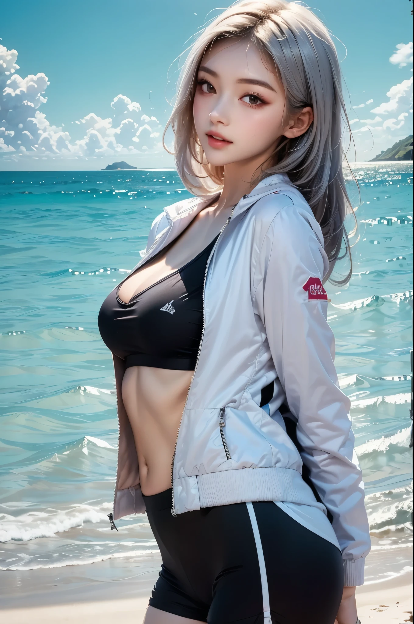 2.8D illustration, masterpiece, best quality, 1girl, medium breasts, sideboob, white hair, long hair, beautiful, sea, beach, ocean, sky, noon, sunlight, sports wear, sports girl, black-and-white clothing, short jacket. face:sweet girl
