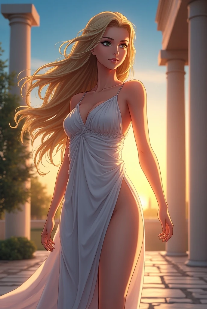one body, one head, walking in two legs, close up, furry, no mane, withouth mane, anthro, giant female, anthro lion, lioness, lion ears, antrophomorphic, light green eyes, razor sharp teeth, muscular body, handsome, slender, lanky body, really long arms, really long legs, tall, wearing a white dress, pawpads, alone, beastars, beastars anime