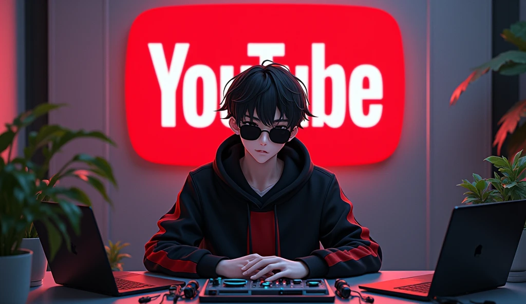 Create a image of "A 18 years anime boy, sitting in front of me a computer desk with a microphone and laptop, wearing black and red hoodie , black sunglasses

The background includes a large YouTube logo on the wall, potted plants on either side, ,various recording equipment and futuristic wall.