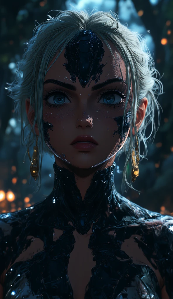 anime style, A female Venom character in a dark, cinematic fantasy scene, full body shot, beautiful detailed eyes, beautiful detailed lips, extremely detailed face and skin, long eyelashes, , dynamic pose, chiaroscuro lighting, moody color palette, dramatic shadows, (best quality,4k,8k,highres,masterpiece:1.2),ultra-detailed,(realistic,photorealistic,photo-realistic:1.37), midjourneyv6.1