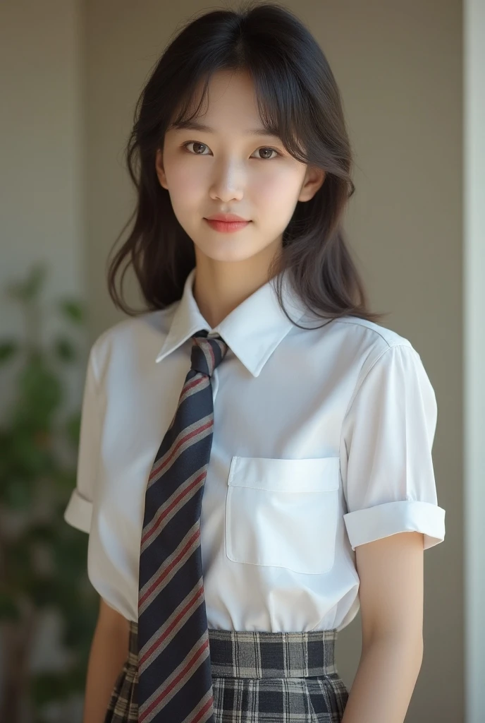 masterpiece,best quality,ultra detailed,ultra high res,realistic,mojz,1girl,solo,necktie,brown hair,skirt,school uniform,paper lantern,shirt,teeth,black necktie,bracelet,lantern,jewelry,white shirt,
