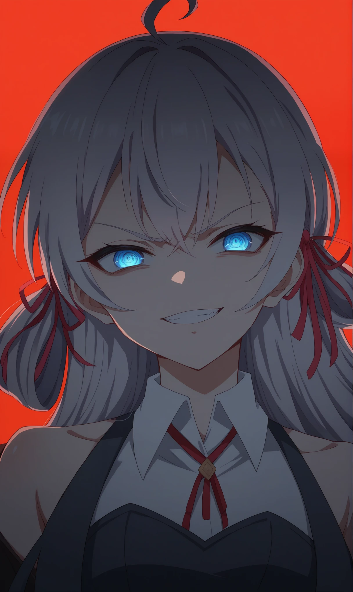(masterpiece),(best quality), alya(roshidere), white hair, long hair, blue eyes, hair ribbon, ahoge,A young girl is depicted in an intense and striking portrait, shown from the shoulders up. Her eyes glow a vivid, ominous red, exuding an eerie, otherworldly energy that contrasts sharply with her pale complexion. The expression on her face is a blend of unsettling joy, marked by a subtle yet unsettling smile. Her white hair is styled into two twin ponytails, each tied with bright pink ribbons that add a touch of playful innocence to her otherwise intense appearance.
She wears an elaborate high-collared outfit with intricate details, including a gold accessory shaped like a floral emblem at her neck, contributing to the regal yet dark aesthetic. The background is a gradient of deep red and black, enhancing the haunting aura of the scene and emphasizing the glowing effect of her eyes. The overall atmosphere suggests a powerful, possibly supernatural, character exuding a sense of foreboding.