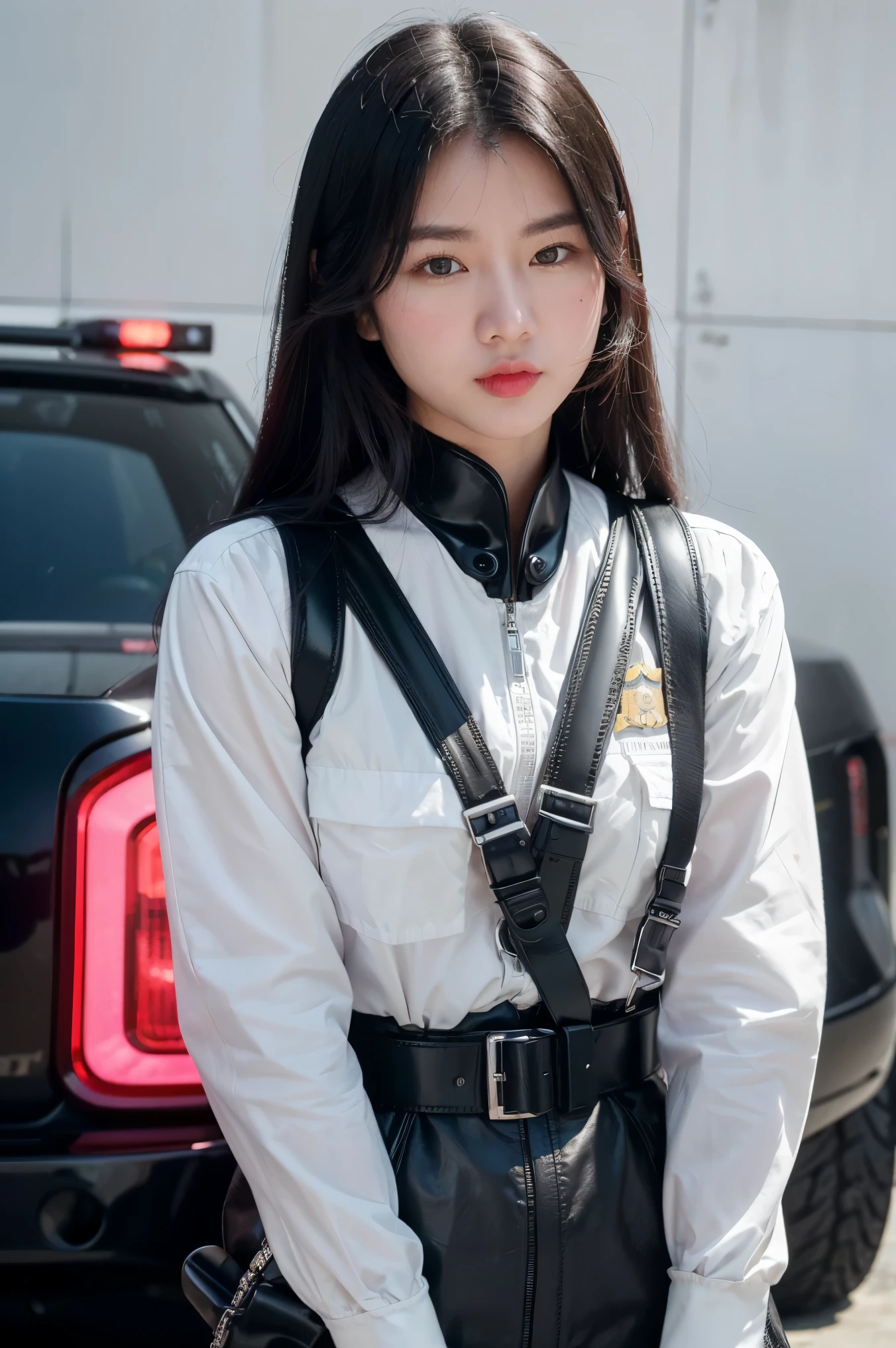 (Highest image quality, outstanding details, ultra-high resolution), (realism: 1.4), favor details, highly condensed 1 beautiful Korean girl, with a delicate and beautiful face, ((cowboy shot)), (a bit chubby:0.4), (wearing black racing suit likes police uniform, black and pink mecha, wearing military harness, holding a machinegun), background simple grey concrete,