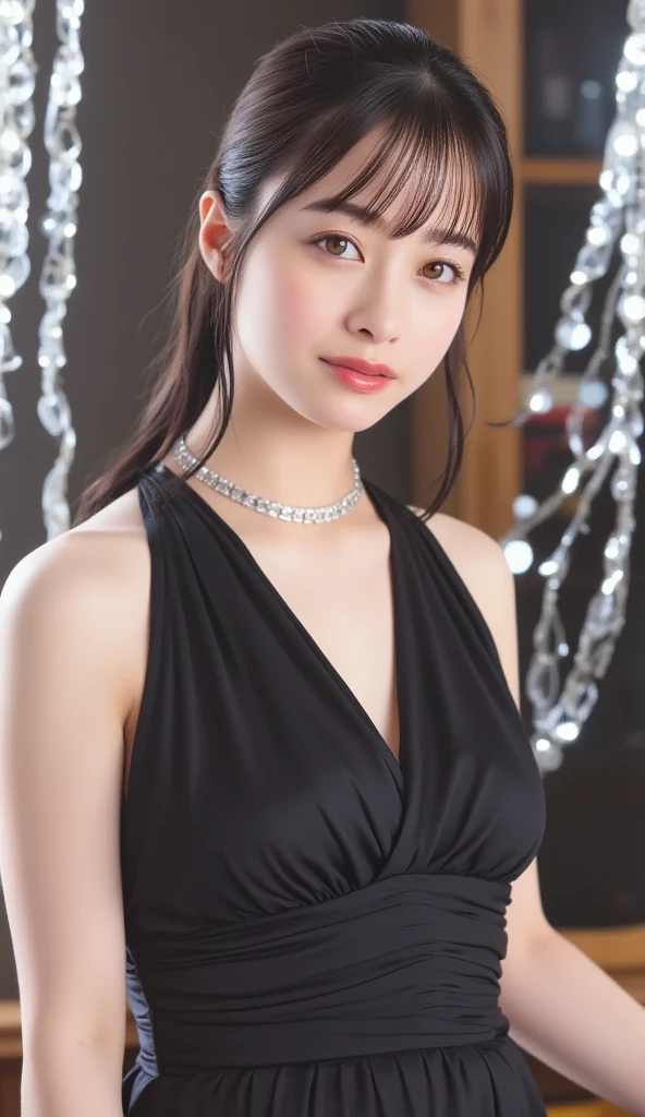 Kanna Hashimoto,One Woman、beautiful、Perfect looks、Pale turquoise eyes:1.3,large breasts、Perfect balance、Black Silk Dress,simple diamond necklace、(((Blurred Background)))、Luxury palace,Sparkling Room、(Please redeem: 1.1), (Realistic: 1.1), (photograph: 1.1), (Very detailed: 1.1),((NSFW)), beautiful nipples,