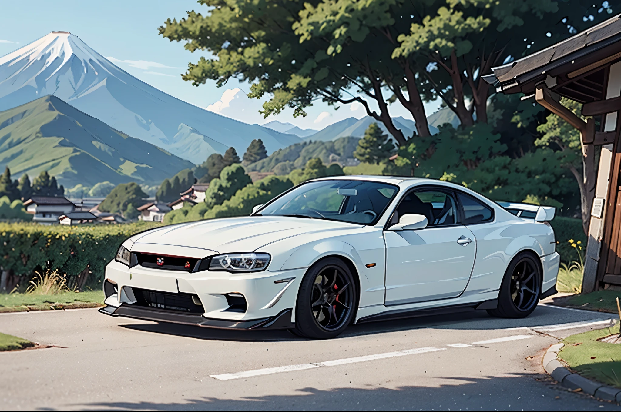 Anime art of a red Nissan Silvia S15 parked in a remote village from the japanese mountains, the car shows small modifications in a soft but powerfull racing design, the sunlight passes through the leaves casting a visible nature-like shadow, the quality of the cel-shaded composition is astonishing to the viewer.