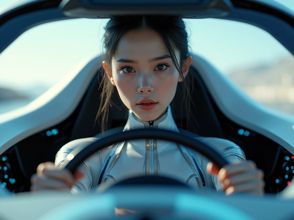 photorealistic AI girl driving futuristic EV, hands behind the steering wheel, hypersonic vehicle, intricate detailed, hi-res