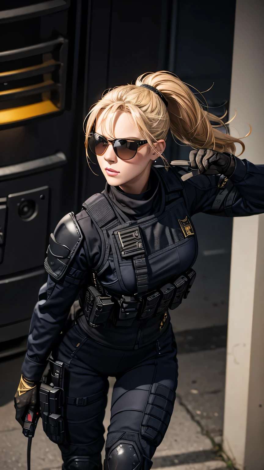 blonde pony tail hair, beautiful woman, pro lighting, photorealistic, Realistic face details, complicated details, 8k, ultra high details, dynamic camera angle, hips up, sunglasses, swat gear, armor vest, pistol, rifle, walking,