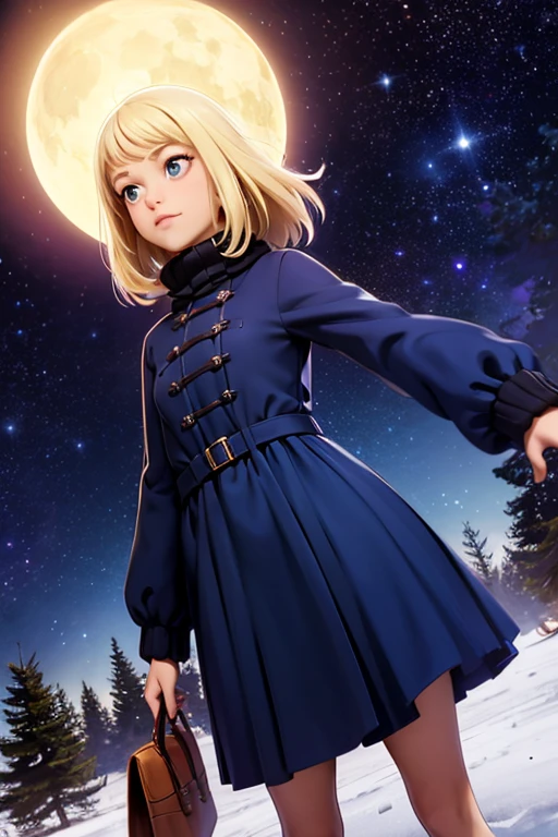  a very young girl ，baby face， is short，Hilly night sky，winter，winter colors, winter landscape,  starry sky , Sky color Prussian blue Cobalt blue Purple Cyan. Planet, Bright Star, meteor, Tree tops swaying in the wind, thre beautiful blonde girl in winter clothes observes the starry sky with a dreamy look，White Breath， Girl Temptation，From below，