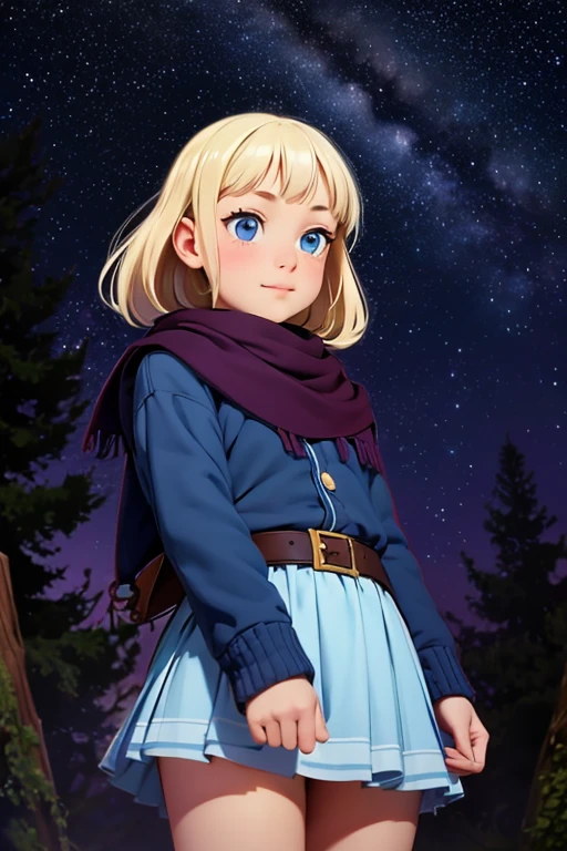  a very  girl ，baby short，Hilly night sky，winter，winter colors, winter landscape,  starry sky , Sky color Prussian blue Cobalt blue Purple Cyan. Planet, Bright Star, meteor, Tree tops swaying in the wind, thre beautiful blonde girl in winter clothes observes the starry sky with a dreamy look，White Breath， Girl Temptation，From below，