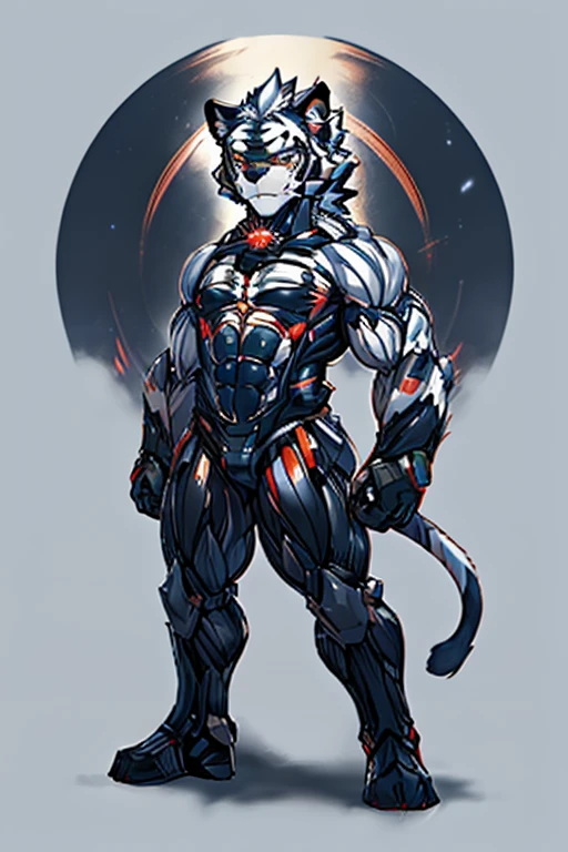 Kogenta (Onmyou Taisenki), A furry white tiger ,Shota,(Moderately strong body),1 white tiger wearing a furry nano-suit , mechanization,Brain WM ,hypnosis,,,,Big crotch bag,fighting stance,karate,Collar,,night, in the dark,open thighs、 、、、 looking at the audience 、、Standing、、、Full body portrait、fog、、, Very detailed, looks cool ,  high detail , 

