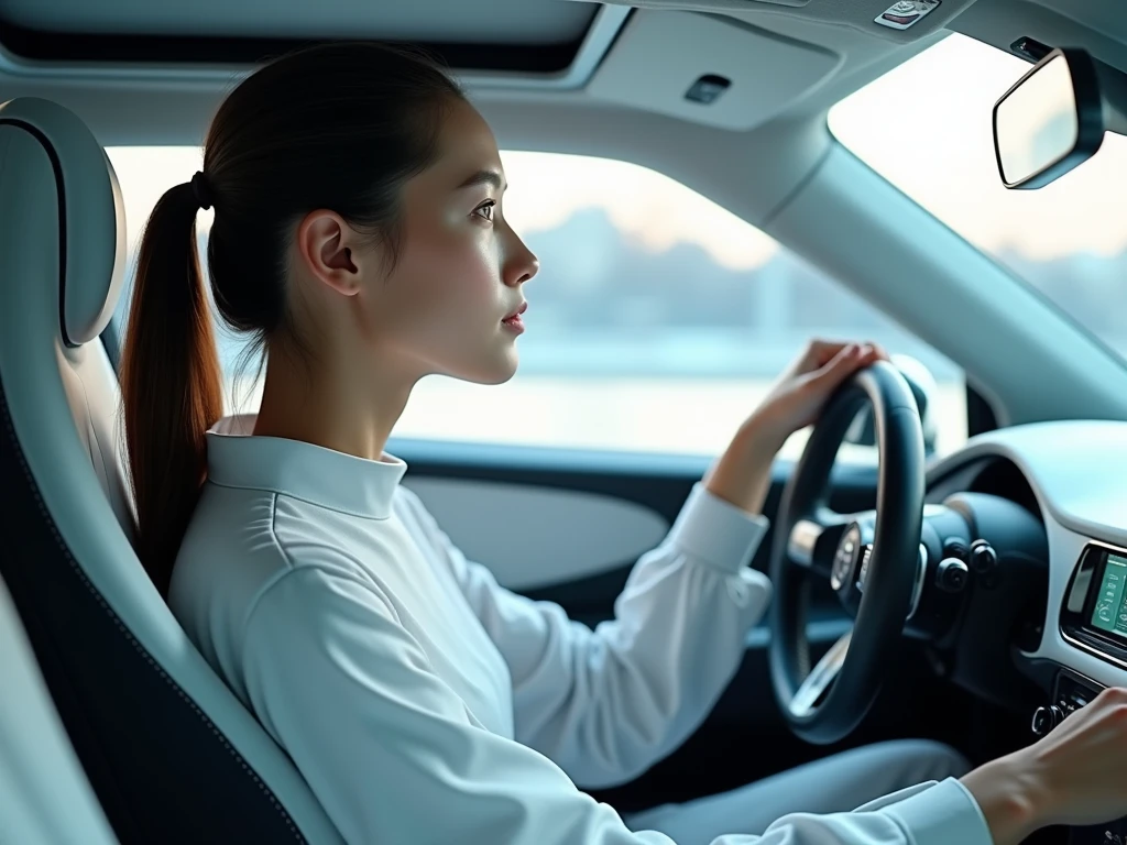 photorealistic AI girl driving futuristic EV, hands behind the steering wheel, hypersonic vehicle, intricate detailed, hi-res, left angle shot