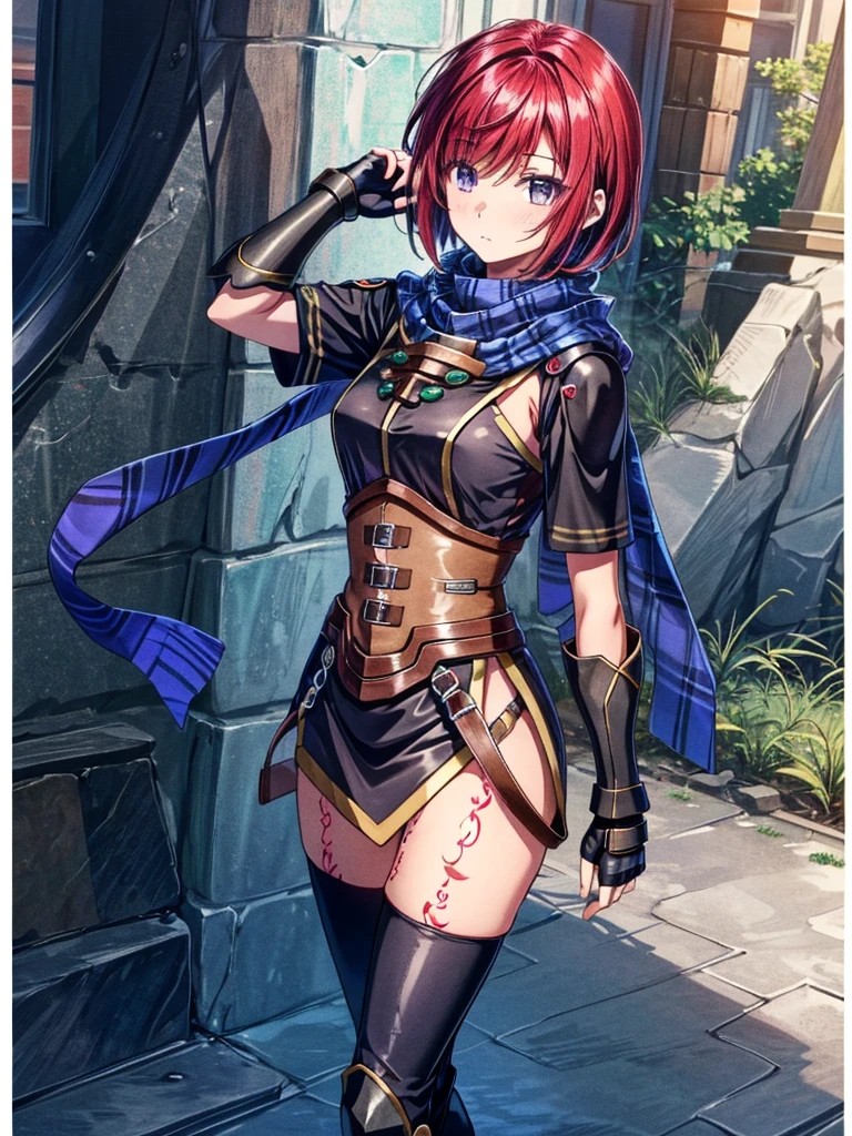 Nel zelpher standing, hands on hips, severe expression, looking at viewer, large bust, wide hips, thick thighs, Striped scarf, Black dress, Corset, Fingerless gloves, Thigh boots, green eyes, frozen tundra, <lora:nelZelpherStr08-1TriggersNel zelpher, Striped scarf, Black dress, Corset, Fingerless gloves, Thigh boots, Maid outfit, Green eyes:.8>