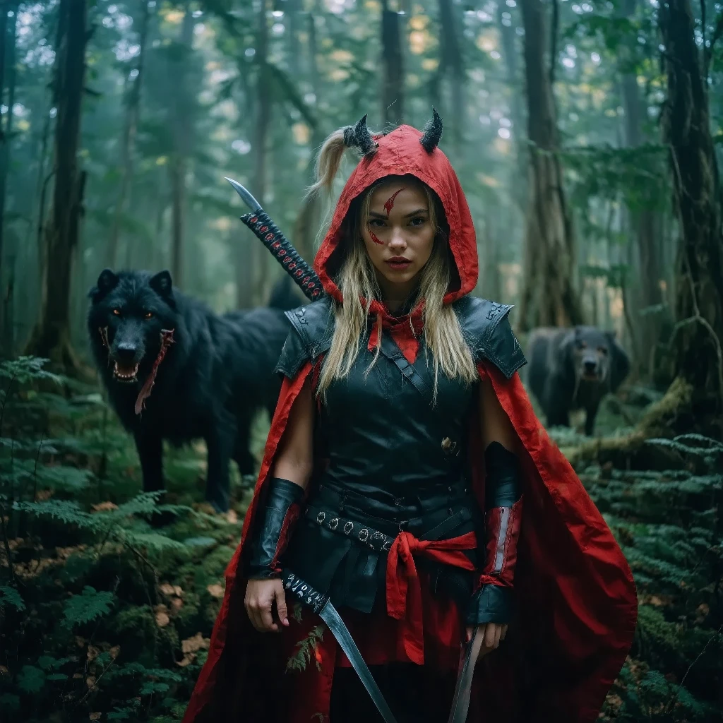 "Illustrate a powerful scene featuring Veronica Marlowe, also known as Little Red Riding Hood, as a determined ninja warrior. Show her standing triumphantly amidst a swirling storm of war, with dark clouds and flashes of lightning in the background. Her outfit is a blend of traditional ninja gear and fairy tale elements, with a dramatic hood and flowing red accents. Capture her fierce gaze and strong stance as she prepares to confront the threats of the night."