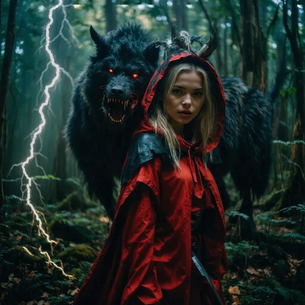 "Illustrate a powerful scene featuring Veronica Marlowe, also known as Little Red Riding Hood, as a determined ninja warrior. Show her standing triumphantly amidst a swirling storm of war, with dark clouds and flashes of lightning in the background. Her outfit is a blend of traditional ninja gear and fairy tale elements, with a dramatic hood and flowing red accents. Capture her fierce gaze and strong stance as she prepares to confront the threats of the night."