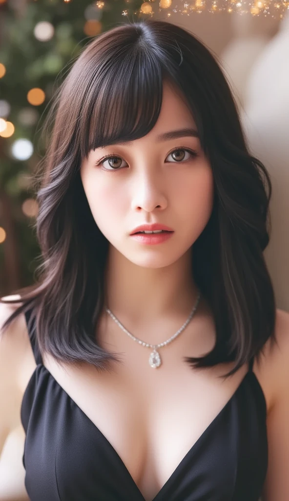 Kanna Hashimoto,One Woman、beautiful、Perfect looks、Pale turquoise eyes:1.3,((large breasts))、Perfect balance、Black Silk Dress,simple diamond necklace、(Blurred Background)、Luxury palace,Sparkling Room、(Please redeem: 1.1), (Realistic: 1.1), (photograph: 1.1), (Very detailed: 1.1),((NSFW)), ((beautiful nipples)),