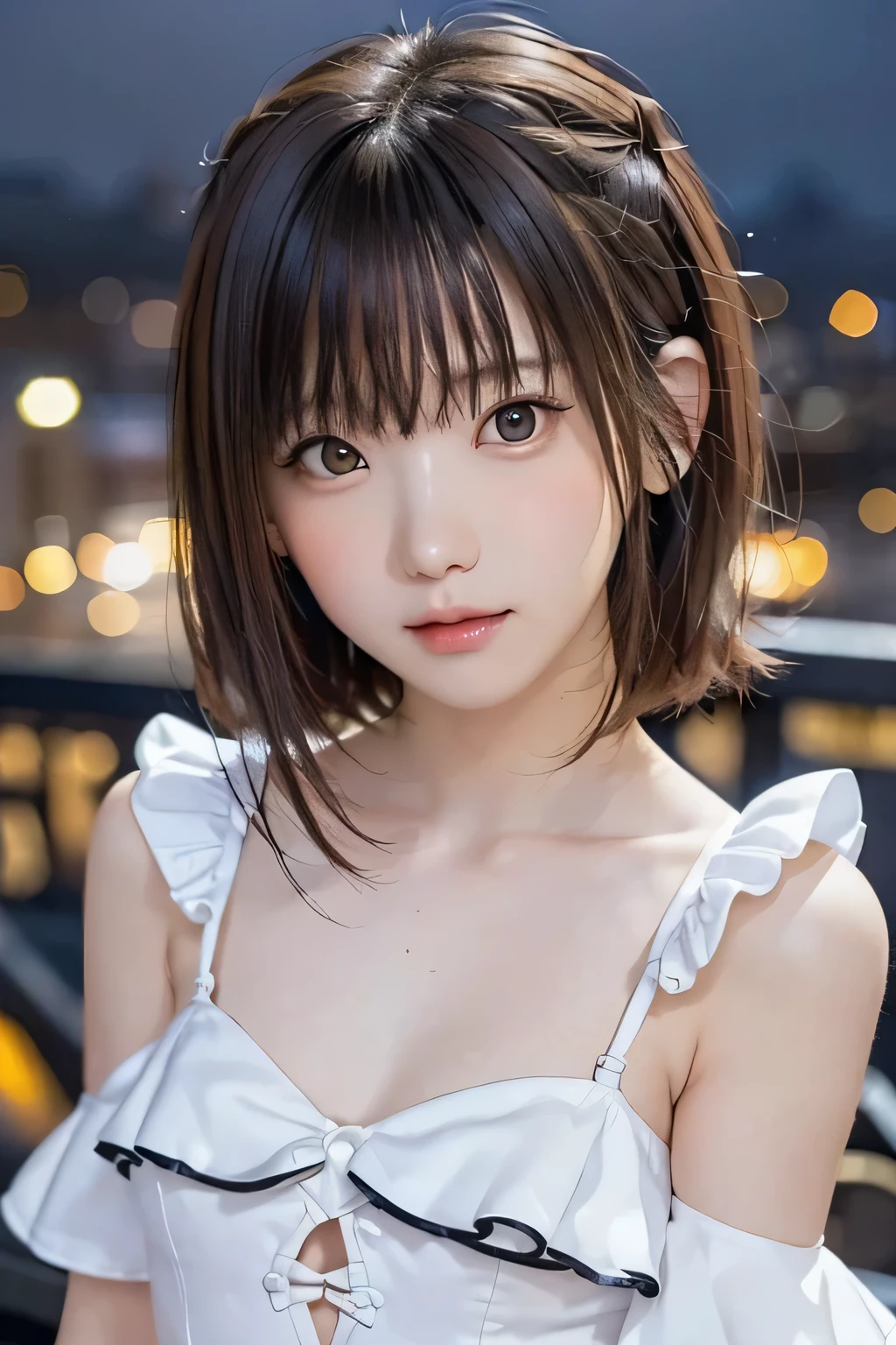 (masterpiece、Best Quality、 Super detailed description、 super high definition)、(portrait)、 girl、solo、((small chest))、cute、 idol face、Half Smile、( realistic skin:1.2)、( professional lights and silhouettes:1.3)、((rooftop、Night view))、( blurred background:1.3)、frilled clothing