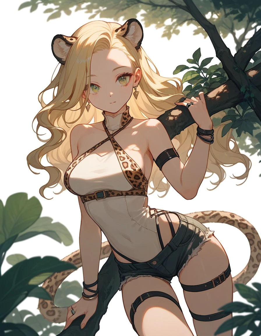 ((Seductive lady:1.3, solo:1.5))、((fusion of leopard and lady:1.4))、((squatting open legs、full body))、((yellow color, spats:1.2))、((dark skin))、(((blonde hair:1.2)))、((looking up at viewer))、((from below:1.2))、((wild:1.3))、((Being in jungle:1.3))、erect nipples、((underboob:1.3))、((crop top navel:1.2))、((cleavage))、((Slender body))、((sleeveless:1.2))、((collarbone))、((Glossy realistic skin texture))、((shiny skin))、masterpiece, ultra-detailliert, 8k, hiquality, Top image quality, Smooth texture、watercolor、arched back、arms behind body、