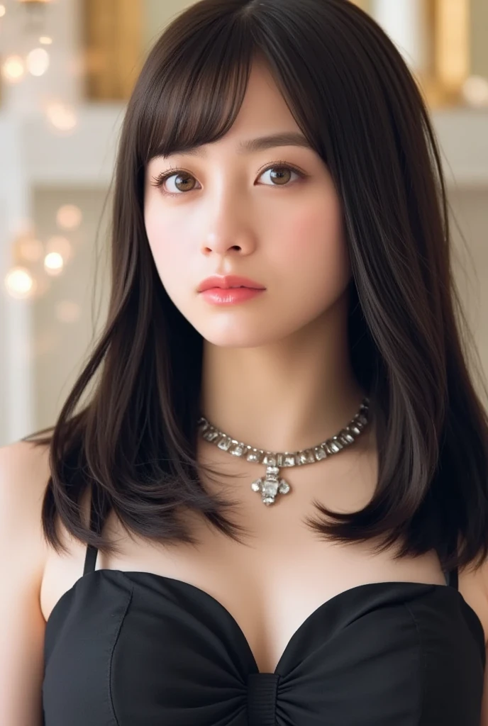 Kanna Hashimoto,One Woman、beautiful、Perfect looks、Pale turquoise eyes:1.3,((large breasts))、Perfect balance、Black Silk Dress,simple diamond necklace、(Blurred Background)、Luxury palace,Sparkling Room、(Please redeem: 1.1), (Realistic: 1.1), (photograph: 1.1), (Very detailed: 1.1),((NSFW)), ((beautiful nipples)),