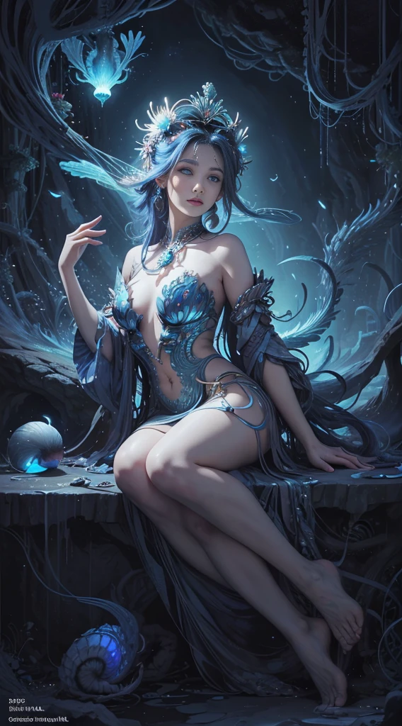 best qualtiy,tmasterpiece,Ultra-high resolution,(photograph realistic:1.4),Ultra-realistic realism,Dream-like,The beautiful blue-skinned goddess wears a phoenix peacock on her head, nautilus, a betta fish,The creation of fantasy,Brain conch,Dream Conch,Biopunk nautilus,Thrilling color scheme, Ultra-realistic realism, abstracted, psychedelia,
