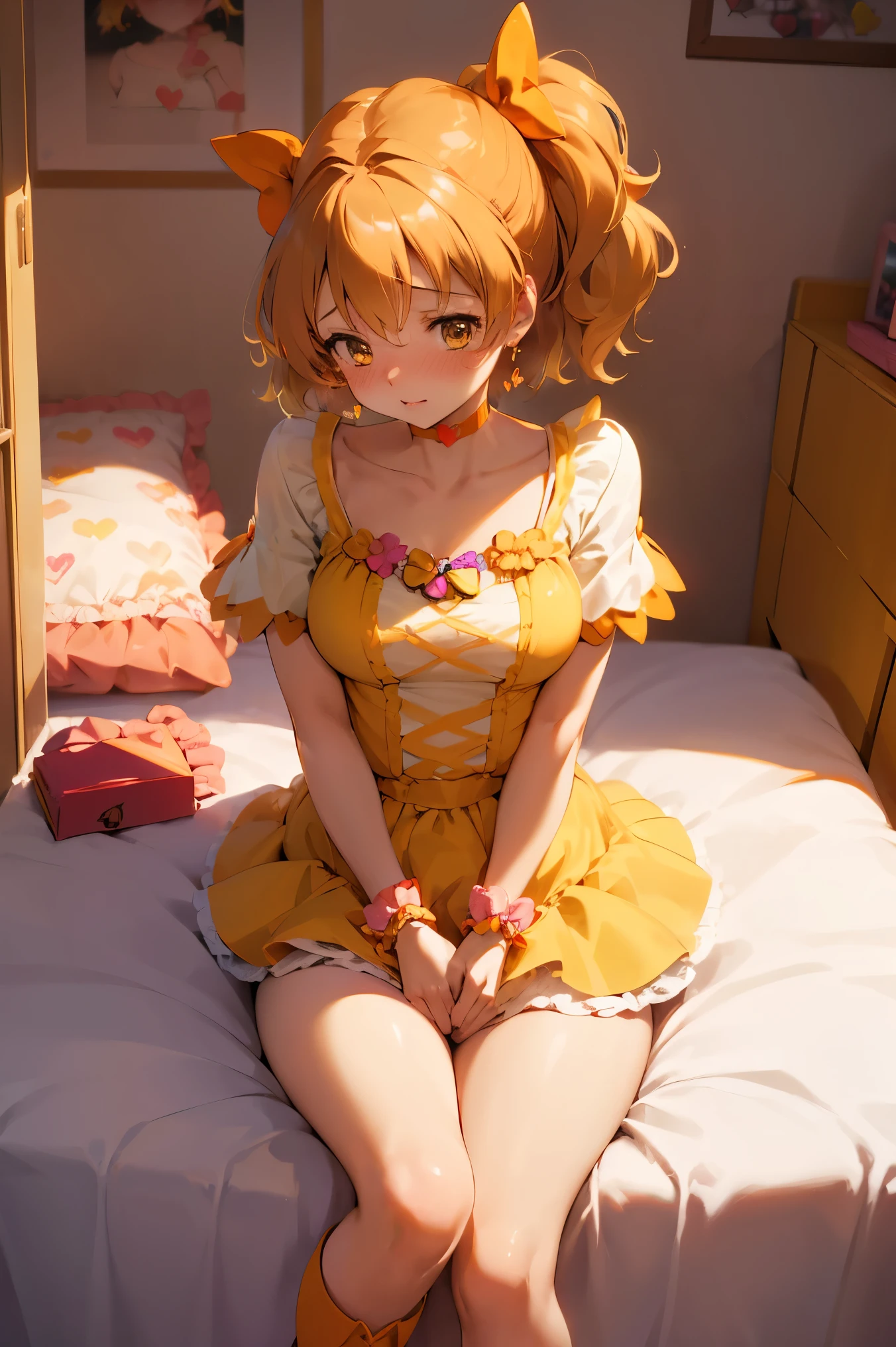 NSFW,masterpiece,Best Quality, high resolution on down, very detailed,Cure Pine \( Pretty Cure\), one side up 、 short hair、 hair bow、Frills、Short sleeve、Wrist cuffs、 orange choker、orange boots 、Yellow Skirt,(Embarrassed:1.5),blush, shy,( love hotels :1.5),( bedroom:1.5)