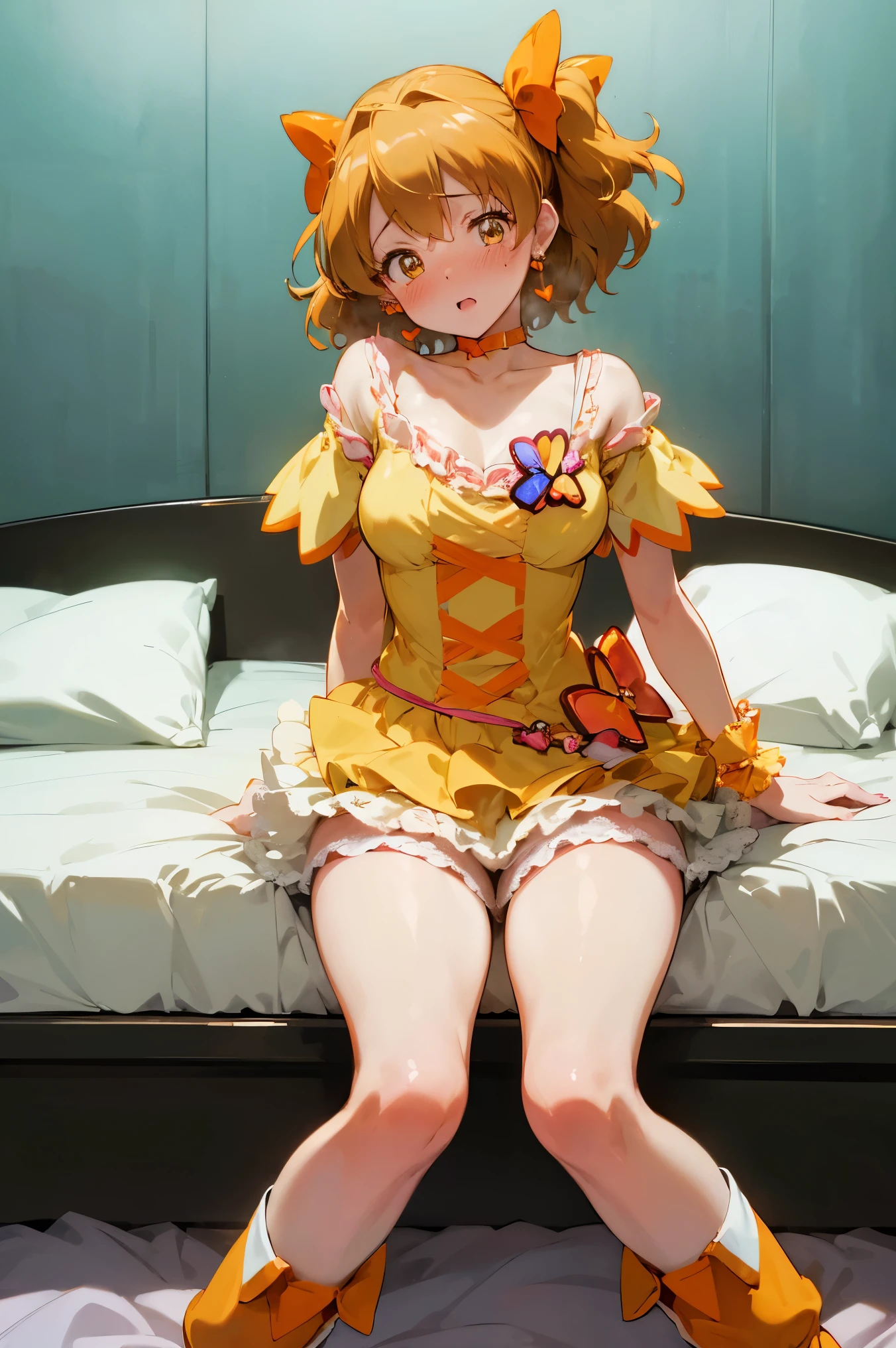 NSFW,masterpiece,Best Quality, high resolution on down, very detailed,Cure Pine \( Pretty Cure\), one side up 、 short hair、 hair bow、Frills、Short sleeve、Wrist cuffs、 orange choker、orange boots 、Yellow Skirt,(Embarrassed:1.5),blush, shy,( love hotels :1.5),( bedroom:1.5)