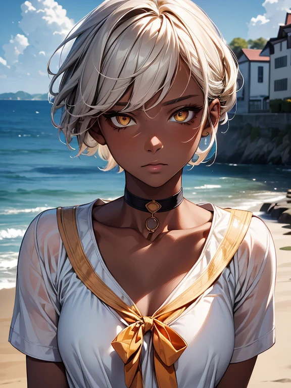vibrant colors, masterpiece, sharp focus, best quality, depth of field, cinematic lighting, 1girl, blonde hair, short hair, green eyes, hair between eyes, sunlight, beach, smile, dark skin, water