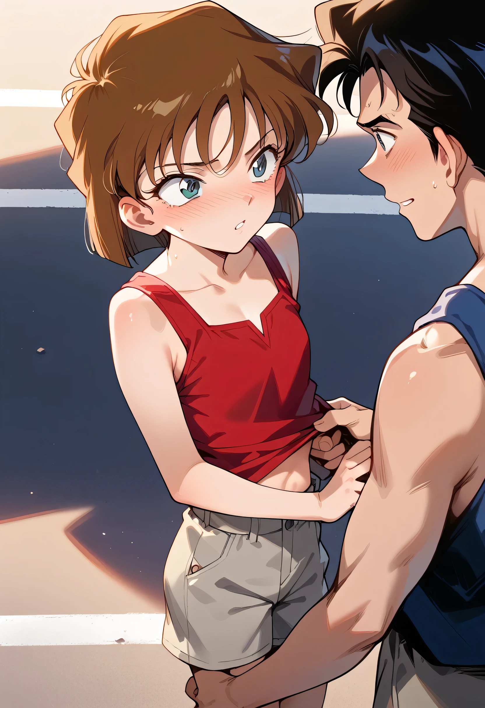 masterpiece, high resolution on down,Best Quality,8k( Detective Conan ,Haibara Ai) (  girl,, flat chest,short,Brown Hair, short hair) (plain red tank top,Grey shorts)upright posture, putting hands on back , is embarrassing, is embarrassing, look at the camera,road