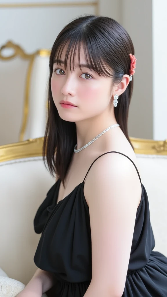 Kanna Hashimoto,One Woman、beautiful、Perfect looks、Pale turquoise eyes:1.3,((large breasts))、Perfect balance、Black Silk Dress,simple diamond necklace、(Blurred Background)、Luxury palace,Sparkling Room、(Please redeem: 1.1), (Realistic: 1.1), (photograph: 1.1), (Very detailed: 1.1),((NSFW)), ((beautiful nipples)),おっぱい