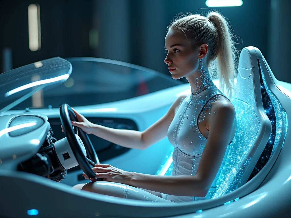 photorealistic image of a holographic AI girl driving futuristic EV, hands behind the steering wheel, hypersonic vehicle, intricate detailed, hi-res, left angle shot, medium long shot