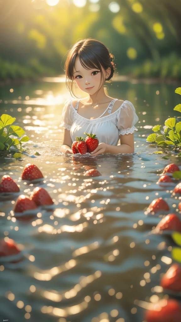 there is a baby sitting in a tub of fruit and water, milk bath photography, high quality portrait, young and cute, classic portrait, beautiful cute, medium portrait, by Emma Andijewska, colored photo, very cute, profile picture, lemonade, photo portrait, flower child, cute girl, inspired by Anne Geddes, cute photograph, cute photo