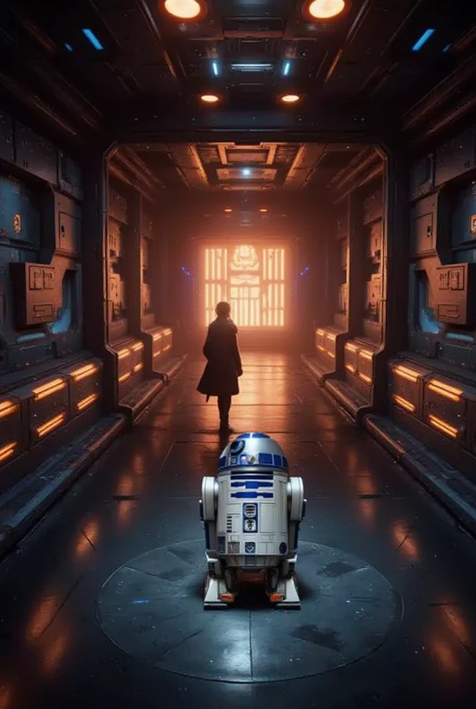 A mysterious corridor in the Star Wars universe, featuring R2-D2 walking away, with futuristic lighting and intricate details on the walls, showcasing a sci-fi atmosphere, cinematic lighting, high-resolution, dynamic angles, digital art,(3D hologram),(future),("AIU" hologram logo),masterpiece,best quality,ultra detailed,8k portrait,unity 8k wallpaper,super fine illustration,very detailed background,highly detailed background